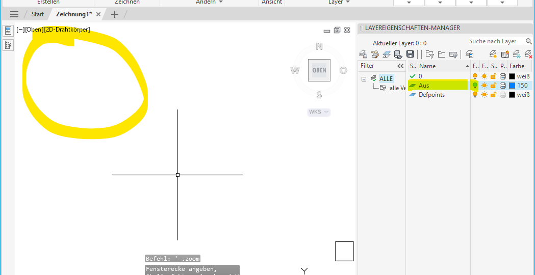 Zoom Grenzen funktioniert nicht wie erwartet, da Objekte auf einem ausgeschalteten Layer mit bei der Berechnung des sichtbaren Bereichs mit berücksichtigt werden.