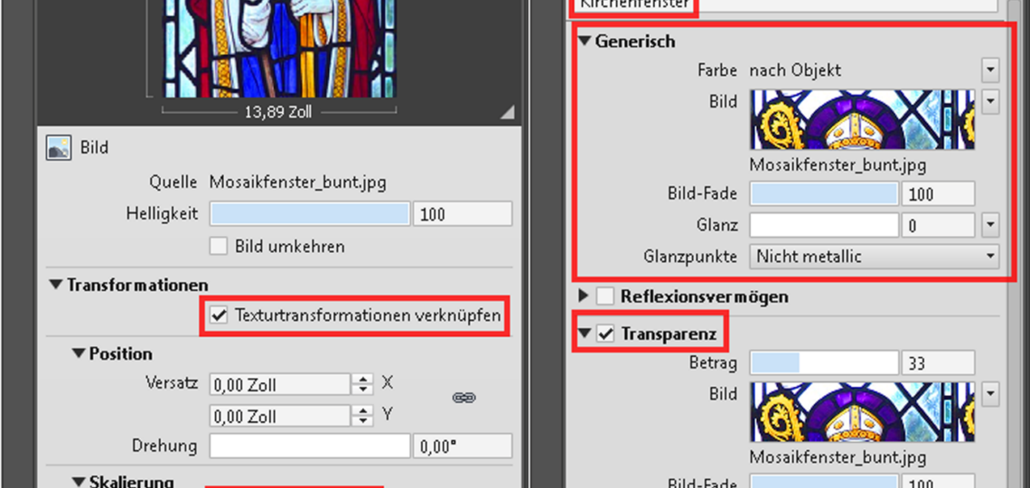 Mittels Materialdefinition und den entsprechenden Bildern können im AutoCAD auch Bleiglasfenster mit den jeweiligen Lichteffekten erzeugt werden.