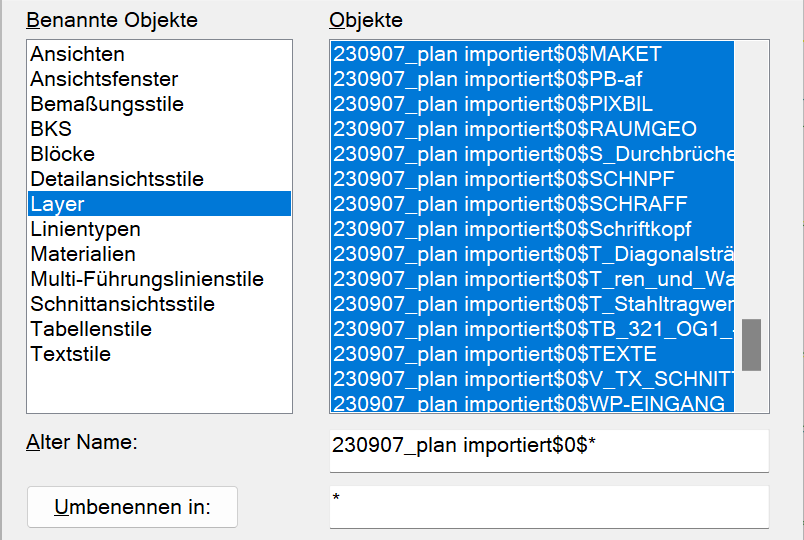 Umbenennen von Layernamen, Bemaßungsstilen etc. nach dem Binden einer Externen Referenz.