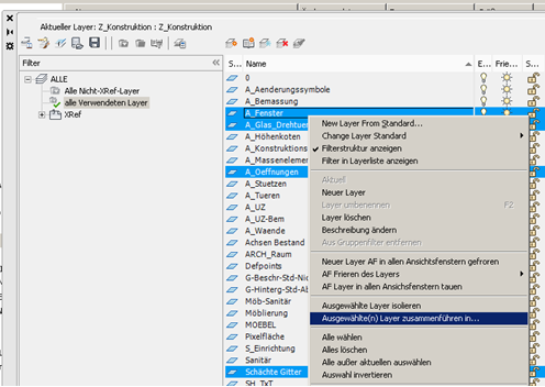 Layer zusammenführen ist eine im Kontextmenü des Layermanagers versteckte Funktion um ggf. ungeliebte Layer aus der Zeichnung zu entfernen.