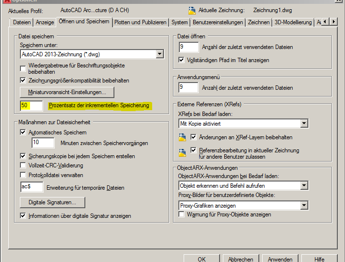 ISAVEPERCENT muss seit der Version 2016 im AutoCAD Architecture und AutoCAD MEP manuell auf 50 verändert werden.